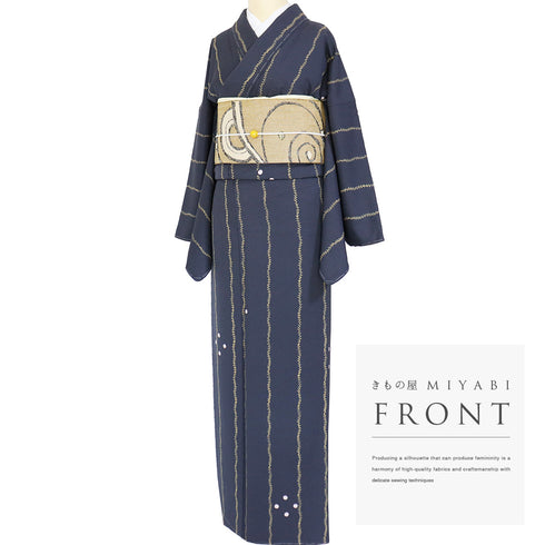 小紋 リサイクル 身丈171cm 裄71.2cm 袷 蔓や丸に花柄 ネイビー LLサイズ お洒落 カジュアル 正絹 広衿 Sランク