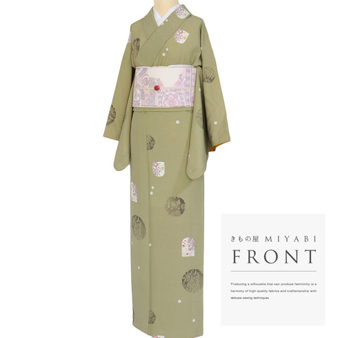 小紋 リサイクル 身丈161.5cm 裄67.6cm 袷 変わり丸柄 ゆったりサイズ グリーン Lサイズ お洒落 カジュアル ポリエステル 洗える着物 広衿 Aランク