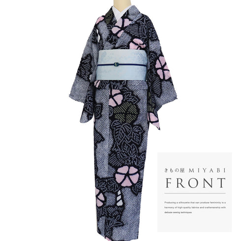 リサイクル 夏着物 身丈155.5cm 裄66cm 夏物 絞り 花柄 ネイビー Mサイズ カジュアル 木綿 洗える着物 バチ衿 Sランク