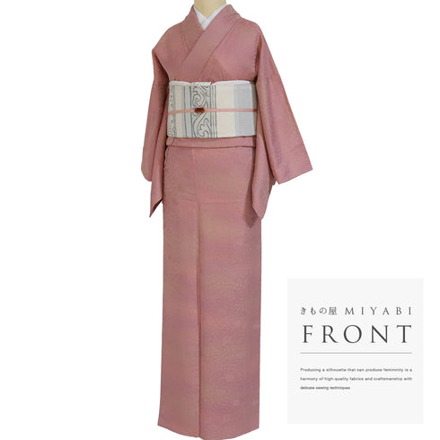 小紋 リサイクル 身丈157.8cm 裄63.4cm 袷 地紋 花柄 ぼかし柄 パールトーン加工済 ピンク Mサイズ お洒落 正絹 広衿 Sランク