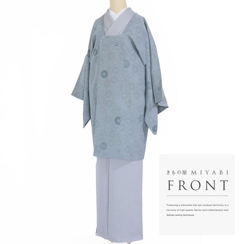 道行コート リサイクル 身丈92.5cm 裄66.4cm 袷 部分ビロード 菊尽くし柄 地紋 ブルー Mサイズ お洒落 不明 Sランク