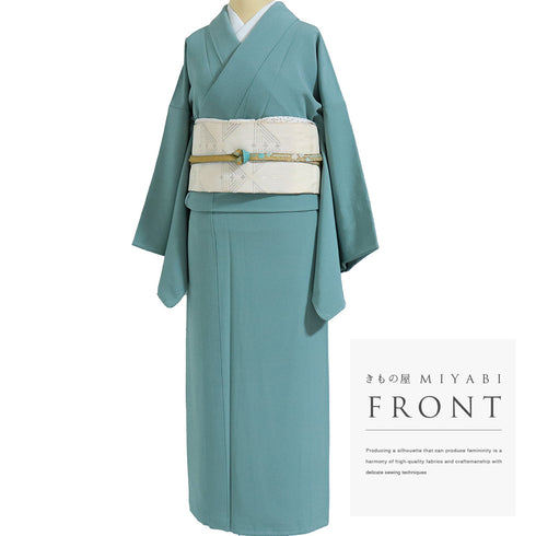 色無地 リサイクル 身丈159.5cm 裄66.4cm 袷 グリーン Mサイズ お洒落 カジュアル しつけ糸 正絹 広衿 地紋なし Sランク