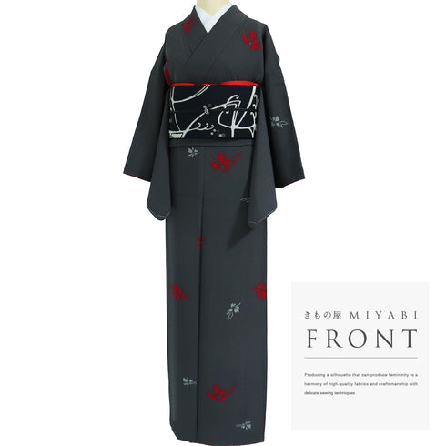 小紋 リサイクル 身丈161cm 裄65.6cm 袷 花柄 グレー Lサイズ お洒落 カジュアル 正絹 バチ衿 Sランク