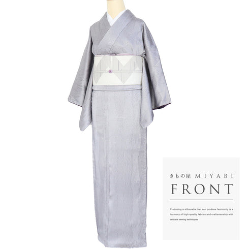 小紋 リサイクル 身丈158cm 裄63.8cm 袷 幾何学柄 縦枠柄 絞り パープル Mサイズ お洒落 しつけ糸 正絹 広衿 Aランク