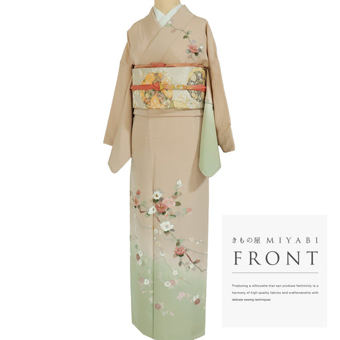 訪問着 リサイクル 身丈166.8cm 裄66cm 袷 椿に菊や梅柄 刺繍 ベージュ LLサイズ セミフォーマル お洒落 正絹 広衿 Sランク