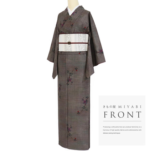 大島紬 リサイクル 身丈155.3cm 裄63cm 袷 花枝柄 ぼかし ブラウン Sサイズ カジュアル お洒落 正絹 広衿 Sランク