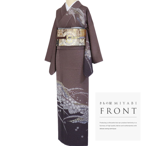 訪問着 リサイクル 身丈157.7cm 裄65.2cm 袷 地紋 名霜鳥忍 ゆったりサイズ パープル Mサイズ お洒落 しつけ糸 正絹 広衿 Sランク