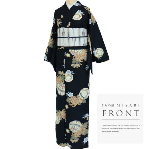 小紋 リサイクル 身丈159.8cm 裄66cm 袷 手毬に菊模様 既製品 ネイビー Mサイズ お洒落 カジュアル ポリエステル 洗える着物 広衿 Aランク