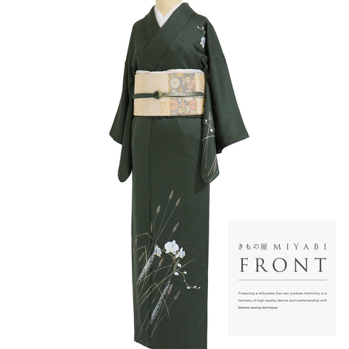 付下げ リサイクル 身丈157.2cm 裄62.4cm 袷 胡蝶蘭 草花柄 箔 グリーン Mサイズ フォーマル セミフォーマル 正絹 広衿 Sランク