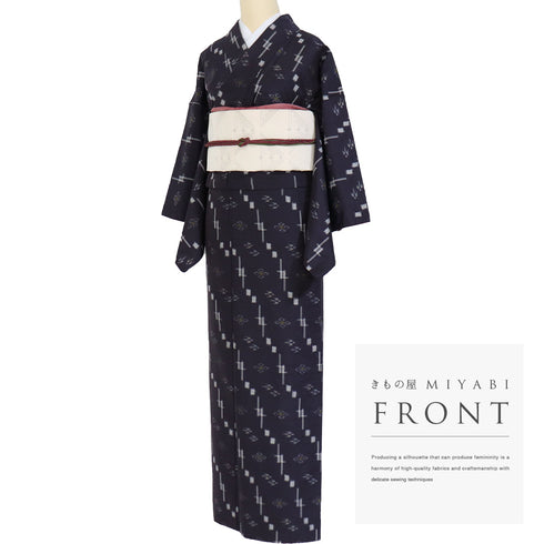 紬 リサイクル 身丈168.7cm 裄65cm 袷 絣に燕柄 ネイビー LLサイズ カジュアル お洒落 正絹 広衿 Aランク