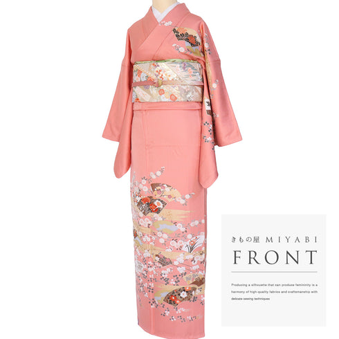 訪問着 リサイクル 身丈163cm 裄66.6cm 袷 地紙に花各種柄 箔 ピンク Lサイズ セミフォーマル 正絹 広衿 Sランク
