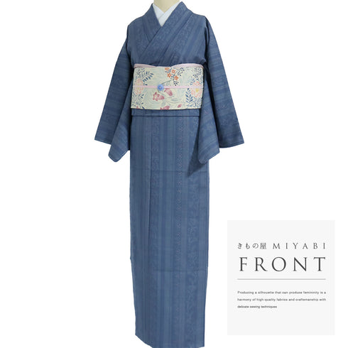 結城紬 リサイクル 身丈163.5cm 裄66.4cm 袷 デザイン縦縞模様 ブルー Lサイズ お洒落 カジュアル 証紙 しつけ糸 正絹 広衿 Sランク