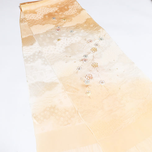 帯締め・帯揚げセット リサイクル お洒落 平組紐 ちりめん オレンジ 正絹 新品・未使用品 地紋 花柄 ぼかし