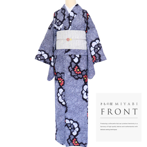 浴衣 リサイクル 夏着物 身丈156cm 裄64cm 夏物 絞り 花柄 ネイビー Mサイズ カジュアル お洒落 木綿 洗える着物 バチ衿 Aランク
