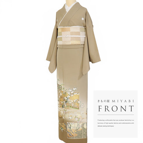 色留袖 リサイクル 身丈155.3cm 裄66.8cm 袷 金彩 花や雪輪に笛柄 ヒヨク付き ブラウン Sサイズ 落款 五つ紋 正絹 広衿 Sランク