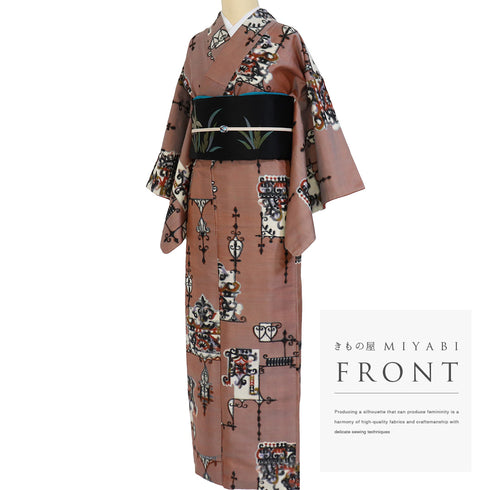 小紋 リサイクル 身丈149.5cm 裄62.2cm 袷 銘仙 オレンジ SSサイズ カジュアル 正絹 バチ衿 Bランク