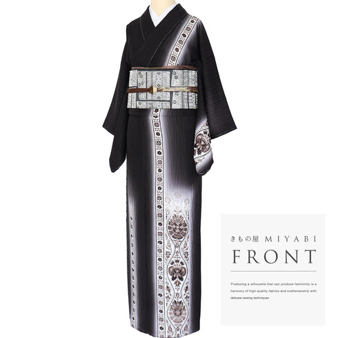 訪問着 リサイクル 身丈158.5cm 裄62.2cm 袷 立涌に唐花模様 地紋 長居賢珠 ブラック Mサイズ お洒落 落款 しつけ糸 正絹 広衿 未使用品