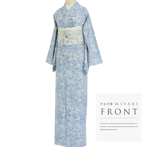 小紋 リサイクル 身丈167cm 裄68cm 単衣 草花柄 既製品 トールサイズ ブルー LLサイズ お洒落 カジュアル ポリエステル 洗える着物 広衿 Sランク