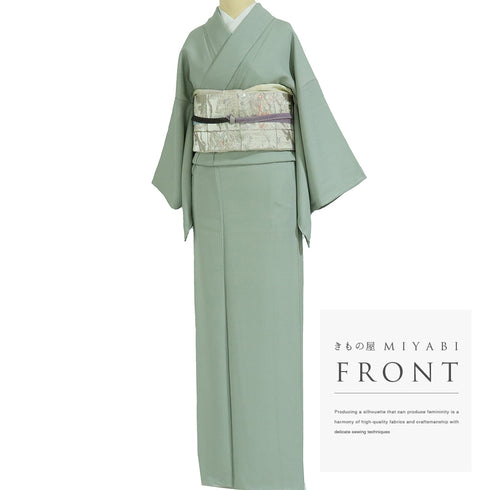 色無地 リサイクル 身丈162.5cm 裄62cm 袷 グリーン Lサイズ セミフォーマル フォーマル 一つ紋 しつけ糸 正絹 広衿 地紋あり Sランク