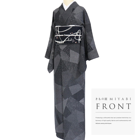 江戸小紋 リサイクル 身丈158cm 裄65.2cm 袷 伝統工芸士 寺山存男 裂取 おしゃれ八掛 ブラック Mサイズ お洒落 落款 正絹 広衿 Sランク