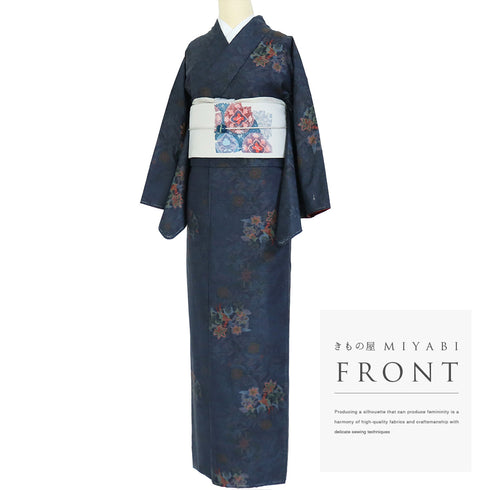 大島紬 リサイクル 身丈164.7cm 裄67.6cm 袷 草花柄 藤絹織物 ネイビー Lサイズ お洒落 カジュアル しつけ糸 正絹 広衿 Sランク