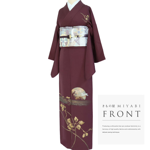 付下げ リサイクル 身丈161.8cm 裄64.8cm 袷 月に波やうさぎ柄 刺繍 箔 パープル Lサイズ お洒落 正絹 広衿 Sランク