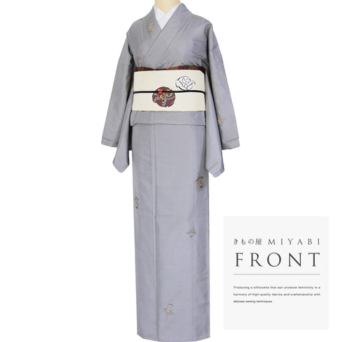 紬 リサイクル 身丈163.4cm 裄68.4cm 袷 ランプ柄 織り出し柄 パープル Lサイズ お洒落 正絹 広衿 Sランク