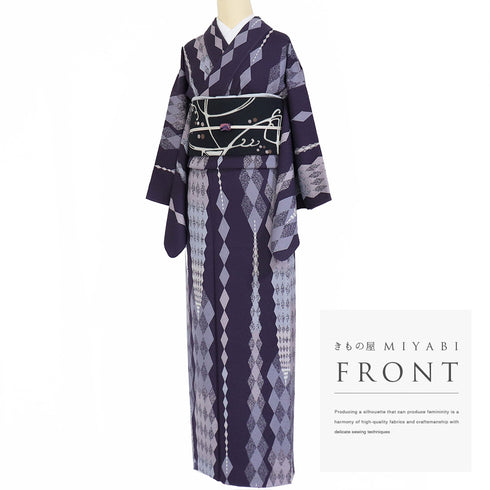 小紋 リサイクル 身丈152cm 裄64cm 袷 菱つなぎ柄 地紋 松本伸 パープル Sサイズ お洒落 カジュアル 正絹 バチ衿 Aランク