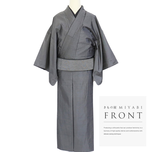 アンサンブル 男物 リサイクル 身丈148cm 裄68.6cm 羽織丈96cm 袷 細横縞柄 グレー Mサイズ お洒落 カジュアル しつけ糸 不明 棒衿 Sランク