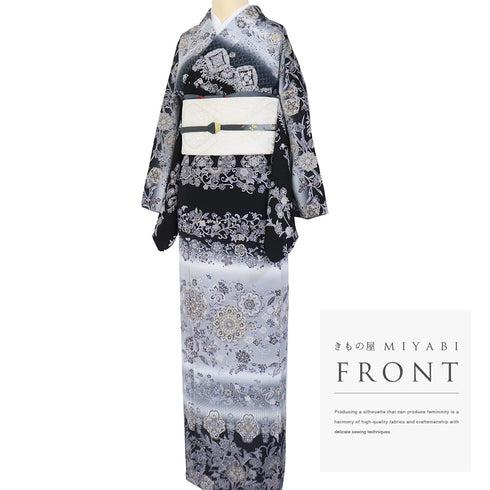 訪問着 リサイクル 身丈165cm 裄68cm 袷 華紋柄 更紗柄 汕頭刺繍 ブラック Lサイズ お洒落 正絹 広衿 Aランク