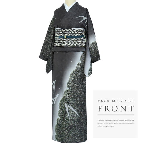 訪問着 リサイクル 身丈156.3cm 裄64.4cm 袷 雪輪染わけや竹柄 グレー Mサイズ お洒落 落款 正絹 広衿 Sランク