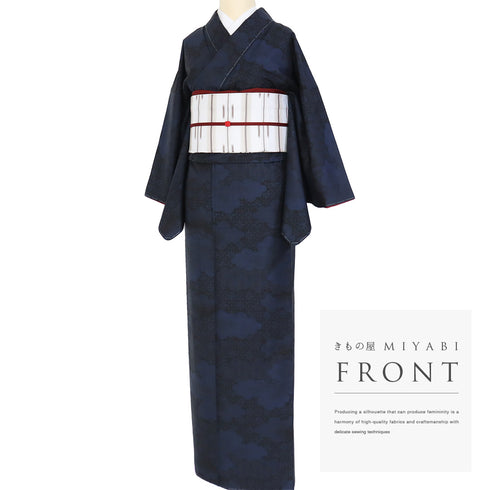 紬 リサイクル 身丈163.8cm 裄64.8cm 袷 雲取に麻の葉柄 ネイビー Lサイズ お洒落 カジュアル しつけ糸 正絹 広衿 Sランク