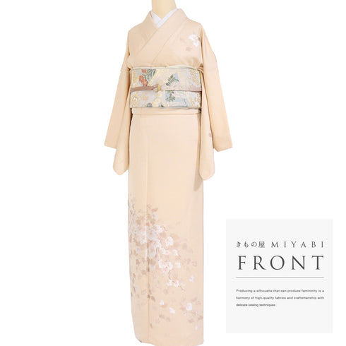 付下げ リサイクル 身丈166.5cm 裄66.8cm 袷 蔦柄 地紋 刺繍 ベージュ LLサイズ セミフォーマル お洒落 正絹 広衿 Aランク