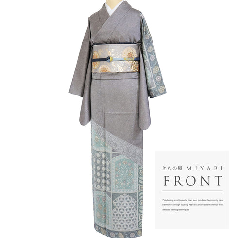 訪問着 身丈163.5cm 裄64.4cm 袷 オリエンタル柄 グレー Lサイズ セミフォーマル お洒落 正絹 広衿 Sランク