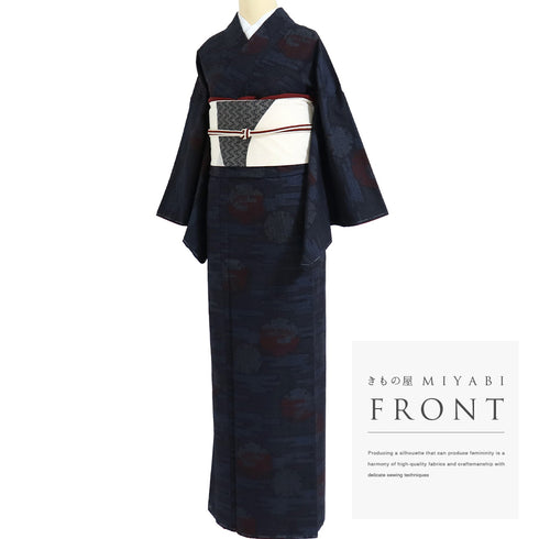 紬 リサイクル 身丈165.3cm 裄66.6cm 袷 結城紬 雪輪柄 ネイビー Lサイズ カジュアル お洒落 証紙 しつけ糸 正絹 広衿 Sランク