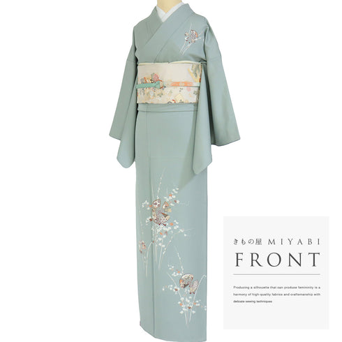 付下げ リサイクル 身丈160cm 裄66.8cm 袷 丸に扇子柄 金駒刺繍 グリーン Mサイズ セミフォーマル お洒落 正絹 広衿 Sランク