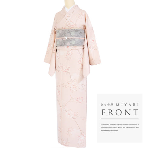 小紋 リサイクル 身丈161cm 裄67.2cm 袷 さくらぼかし柄 花枝柄 パールトーン加工 ピンク Lサイズ お洒落 カジュアル 正絹 広衿 Sランク