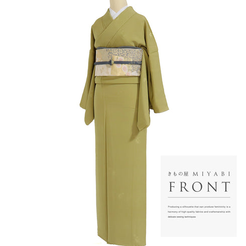 色無地 リサイクル 身丈172.5cm 裄69.8cm 袷 梅柄 作家物 柿本市郎 グリーン LLサイズ セミフォーマル お洒落 落款 一つ紋 しつけ糸 正絹 広衿 地紋あり Sランク