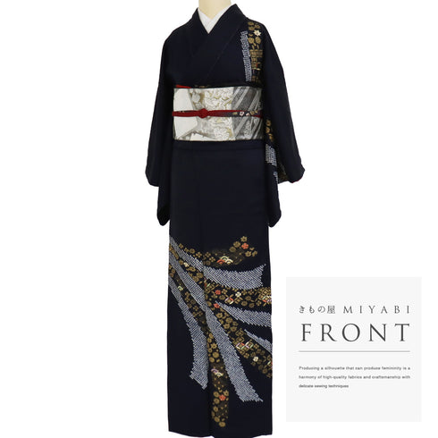 付下げ リサイクル 身丈159.2cm 裄63.2cm 袷 部分絞り 刺繍加工 箔加工 七宝柄 小花柄 ネイビー Mサイズ お洒落 正絹 広衿 Aランク