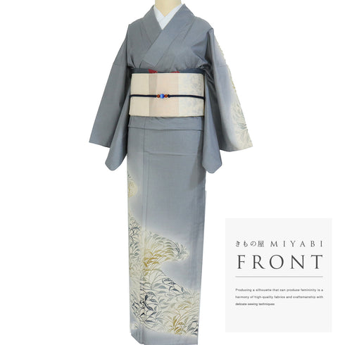 付下げ 身丈159.3cm 裄65.4cm 袷 葉柄 グレー Mサイズ お洒落 正絹 広衿 Sランク