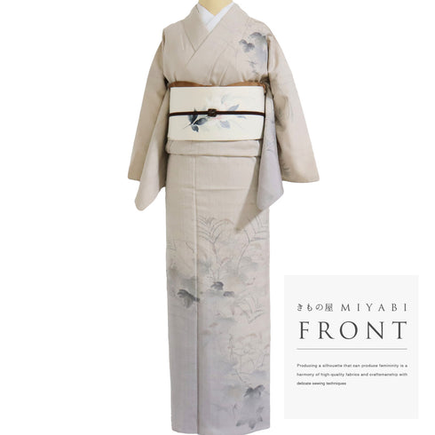 訪問着 リサイクル 身丈157cm 裄64.8cm 単衣 墨絵に草花柄 生紬 結城紬 ベージュ Mサイズ お洒落 正絹 バチ衿 Sランク