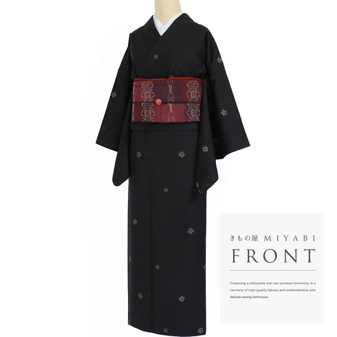 紬 リサイクル 身丈157cm 裄63cm 袷 梅柄 パールトーン加工 ブラック Mサイズ お洒落 正絹 広衿 Sランク