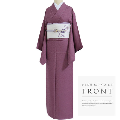 色無地 リサイクル 身丈158.5cm 裄65.6cm 袷 菊や梅柄 パープル Mサイズ セミフォーマル 一つ紋 しつけ糸 正絹 広衿 地紋あり Sランク