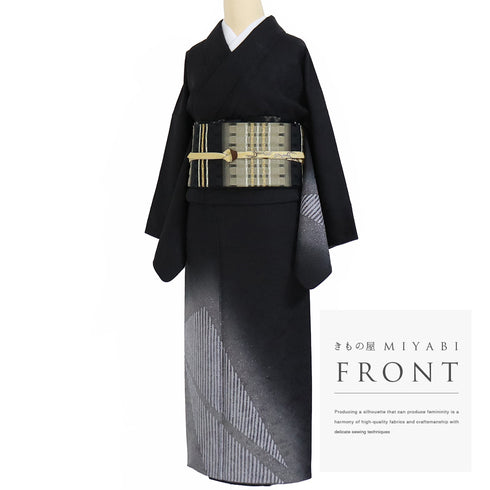 訪問着 リサイクル 身丈160.5cm 裄65.8cm 袷 幾何学柄 地紋 ブラック Lサイズ お洒落 落款 正絹 広衿 Sランク