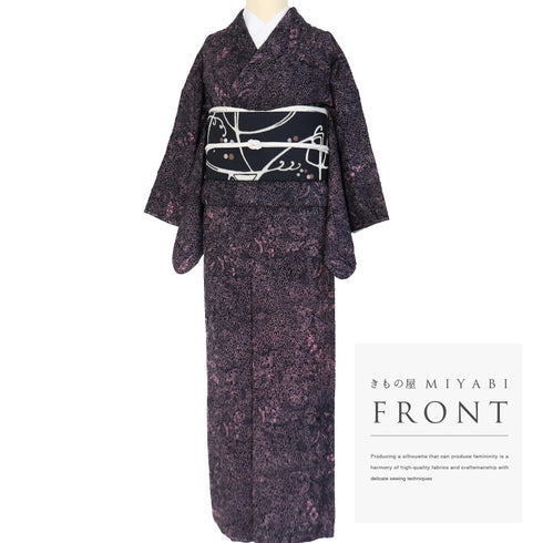 小紋 リサイクル 身丈156.2cm 裄62.6cm 袷 唐草模様 輝宝織 パープル Mサイズ お洒落 カジュアル 正絹 広衿 Sランク