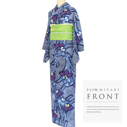 浴衣 リサイクル 夏着物 身丈158.5cm 裄63cm 夏物 絞り あやめ柄 ネイビー Mサイズ カジュアル 木綿 洗える着物 バチ衿 Aランク
