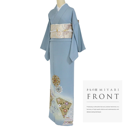 色留袖 リサイクル 身丈163cm 裄64.4cm 袷 華紋柄 箔 比翼無し ブルー Lサイズ 落款 一つ紋 正絹 広衿 Sランク