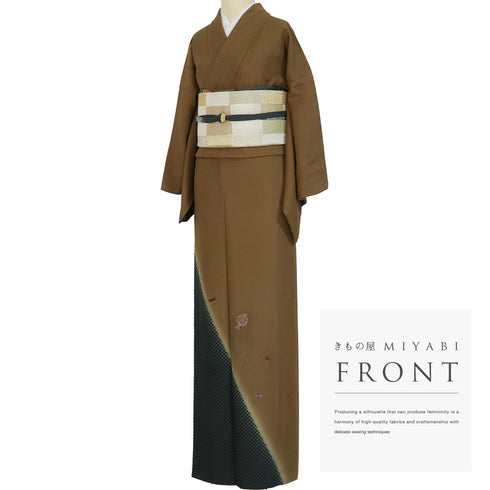 訪問着 リサイクル 身丈169.5cm 裄66.4cm 袷 打出の小槌や小花柄 刺繍 ブラウン LLサイズ お洒落 正絹 広衿 Aランク