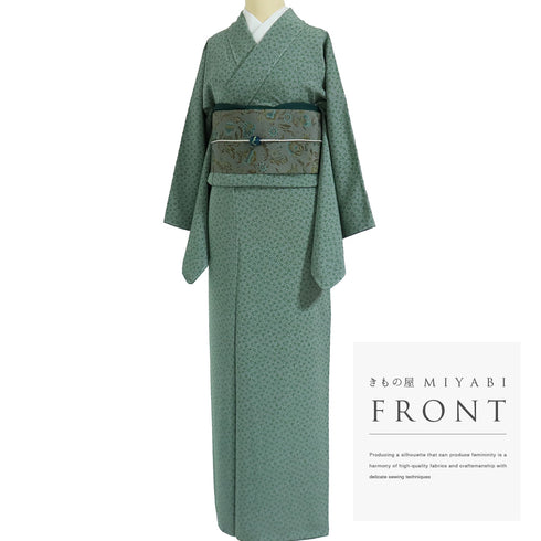 小紋 リサイクル 身丈171.2cm 裄66.4cm 袷 小花柄 グリーン LLサイズ お洒落 カジュアル 正絹 広衿 Sランク