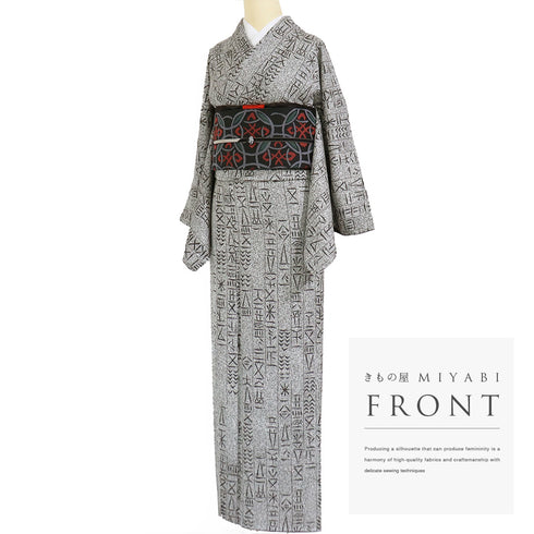 小紋 リサイクル 身丈163cm 裄66.8cm 袷 古代文字風柄 小原敏 グレー Lサイズ お洒落 カジュアル 正絹 広衿 Sランク